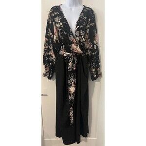 Curve Soul Black Floral Chiffon Wrap V-Neck Jumpsuit Wide-Leg Pockets Size 3X